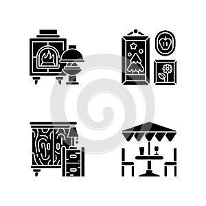 Home decorations and furniture black glyph icons set on white space