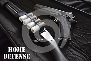 Home Defense Concept With 12 Gauge Shotgun With 45 Auto 1911 Handgun High Quality