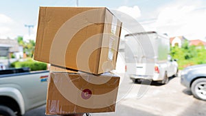 Home delivery service The customer receives the package from a cardboard box from a courier for a satisfied customer. high-quality