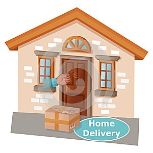 Home delivery to door service. Online order. Parcel box on house doorstep, hand knock. E-commerce. Vector for website, mobile app