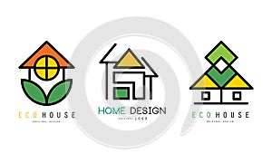 Home Design Logo Templates Set, Real Estate, Construction Company, Architect Bureau Green Badges Flat Vector