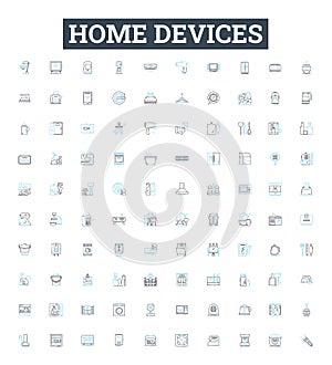 Home devices vector line icons set. Appliances, Electronics, Television, Refrigerator, Computer, Lights, Heater