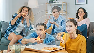 At Home Diverse Group Friends Watching TV Together, They Share Gigantic Pizza, Eating Tasty Pie Pi