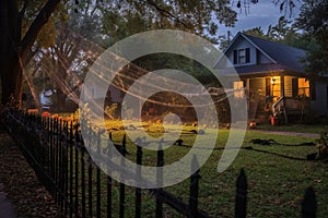 Halloween-dressed home facade with cobwebs, spiders, and paper bats, in warm sunset glow.