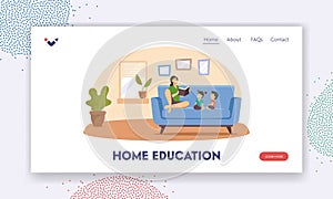 Home Education Landing Page Template. Mother Reading Book to Kids, Happy Family Characters Sparetime Relax, Spend Time