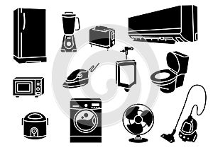 Home electronic icons on white background iron,microwave,refrigerator,washing machine,blender,rice cooker,air condition,vacuum