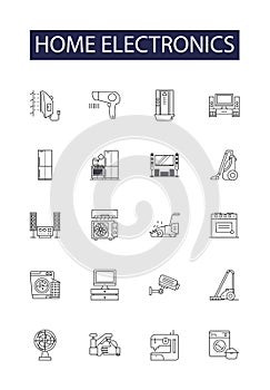 Home electronics line vector icons and signs. Computers, Cameras, Fridges, Radios, Bluetooth, Printers, Washing