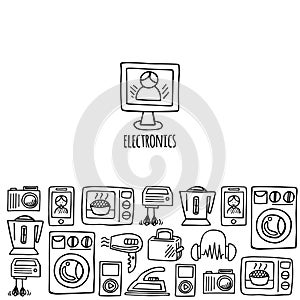 Home electronics sketch vector horizontal banner.