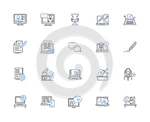 At-home employment line icons collection. Remote, Work-from-home, Freelance, Telecommute, Virtual, Online, Digital