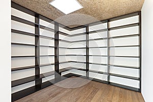 Home, empty room with bookcase