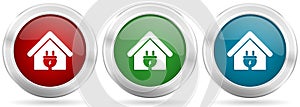 Home energy, electricity vector icon set. Red, blue and green silver metallic web buttons with chrome border