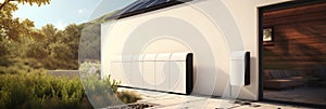 Home Energy Storage System Battery Packs On A Home Garage Wall As A Backup Or Sustainable Energy Con