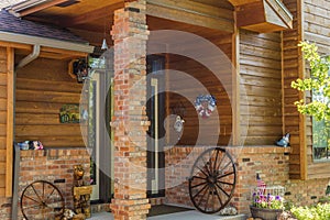 Home entrance brick redwood siding gable roof