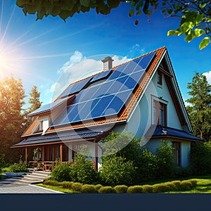 home exterior with rows of electric solar panels in the roof..Concept of green living .AI Generative