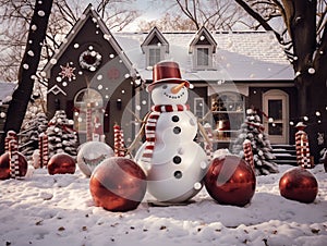 A home exterior transformed into a winter wonderland with dazzling Christmas lights, inflatable snowman, and a magnificent