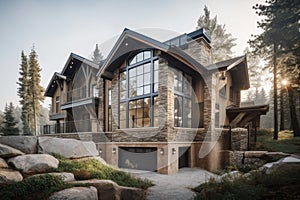 home exteriors with a mix of natural materials and textures, including wood, stone, and metal