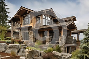 home exteriors with a mix of natural materials and textures, including wood, stone, and metal