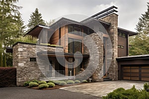 home exteriors with a mix of natural materials and textures, including wood, stone, and metal