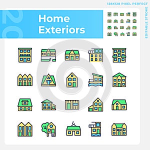 Home exteriors pixel perfect RGB color icons set