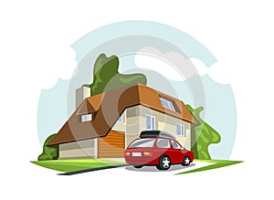 Home facade  modern  style. House traditional illustration. Bright family home front view with trees and  car
