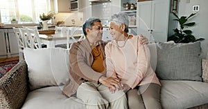 Home, face and senior couple with love, care and retirement with support, relationship and commitment with romance