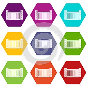 Home fence icon set color hexahedron