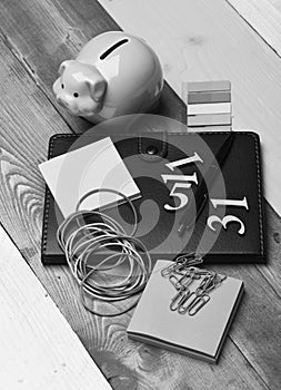 Home finance composition. Piggy bank and stationery