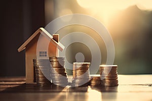 Home Financial concept with small wooden house on a stack of coins