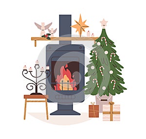 Home fireplace, Christmas tree with ornament. Holiday fire, hearth in metal fireside with grate, gift boxes and festive