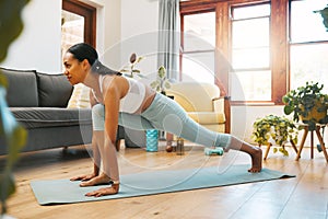 Home, fitness or girl in yoga stretching legs for body flexibility, wellness or healthy lifestyle. Focus, calm or active
