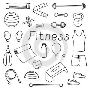 Home fitness set vector illustration, hand drawing doodles equipment