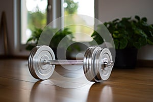 Home Fitness Setup with Heavy Dumbbell on Wooden Floor