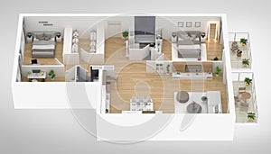 Home floor plan top view 3D illustration