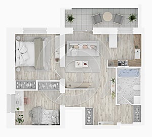 Home floor plan top view. Apartment interior isolated on white background. 3D render