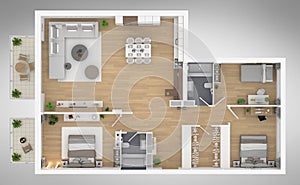 Home floor plan top view 3D illustration