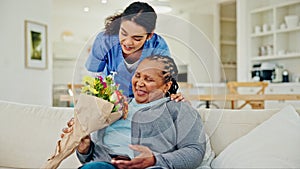 Home, flowers and elderly woman with caregiver for bonding, kindness and care in retirement. Nursing, health and nurse