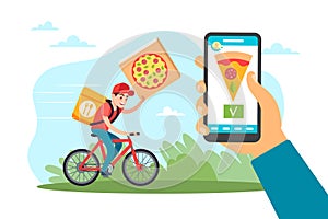 Home food delivery service, online mobile ordering application, catering industry. Boy on bicycle fast courier, express