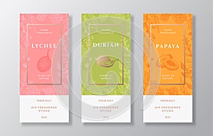 Home Fragrance Vector Label Templates Set. Hand Drawn Sketch Lychee, Durian, Papaya and Flowers Background with