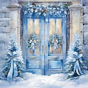 Home front doors Christmas in setting watercolor painting