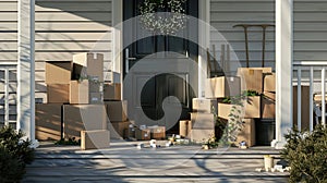 a home front porch overwhelmed by a chaotic stack of boxes, depicting the frenzy of deliveries and modern living.