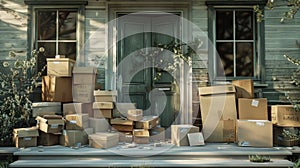 a home front porch overwhelmed by a chaotic stack of boxes, depicting the frenzy of deliveries and modern living.