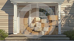 a home front porch overwhelmed by a chaotic stack of boxes, depicting the frenzy of deliveries and modern living.