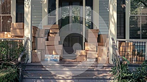 a home front porch overwhelmed by a chaotic stack of boxes, depicting the frenzy of deliveries and modern living.