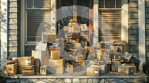 a home front porch overwhelmed by a chaotic stack of boxes, depicting the frenzy of deliveries and modern living.