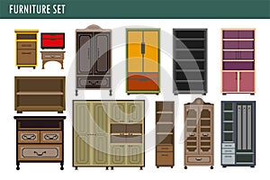 Home furniture cabinet bookcase lockers, wardrobe cupboard and drawer chest vector icons