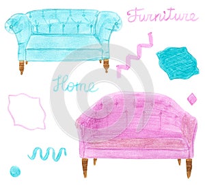 Home furniture. Hand drawn set with sofa or divan