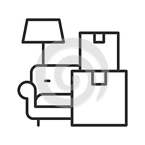 Home furniture moving icon in line design. furniture, boxes, sofa, moving, relocation on white background vector. furniture moving