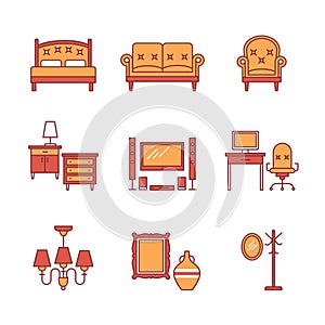 Home furniture signs set. Thin line art icons
