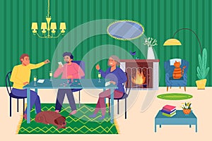 Home gambling house, group people together playing casino card game, concept cash gamble establishment flat vector