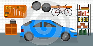Home garage with car, bike and tools on the wall, flat vector interior illustration